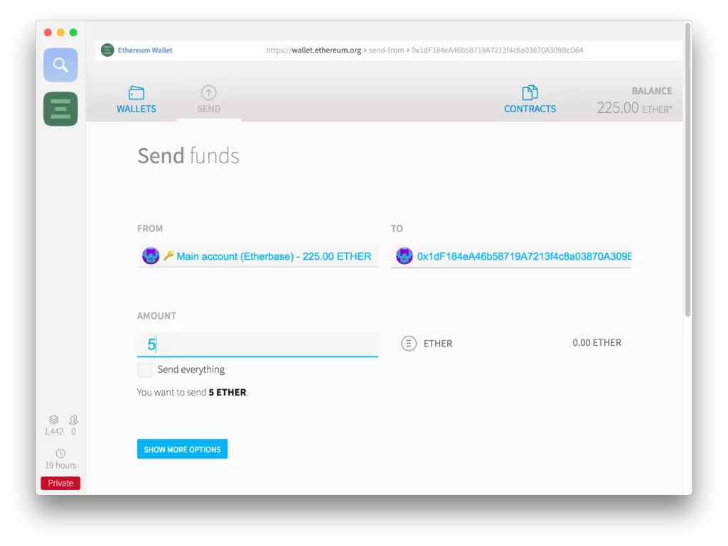 بخش ارسال اتر در کیف پول میست اتریوم