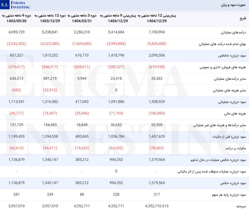 صورت سود و زیان شسینا